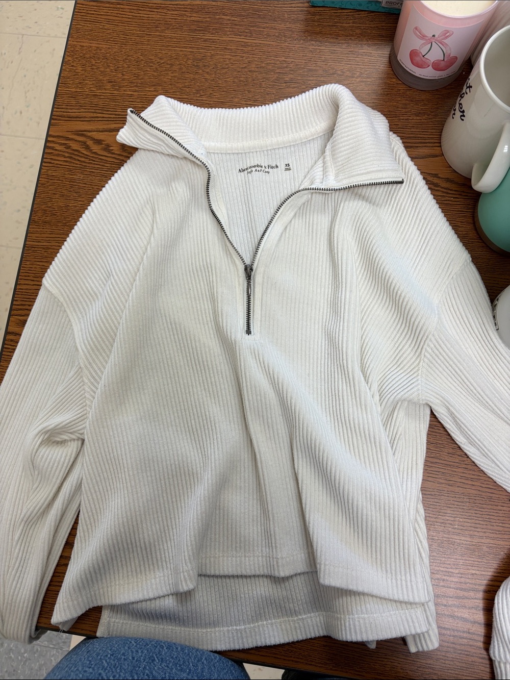 Abercrombie & Fitch Women’s White Half-Zip Ribbed Sweater